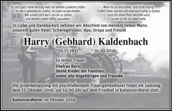 Traueranzeige von Harry (Gebhard) Kaldenbach  von Magdeburger Volksstimme