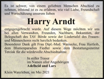 Traueranzeige von Harry Arndt  von Magdeburger Volksstimme