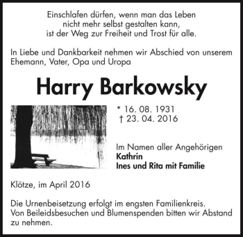 Traueranzeige von Harry Barkowsky  von Magdeburger Volksstimme