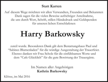 Traueranzeige von Harry Barkowsky  von Magdeburger Volksstimme