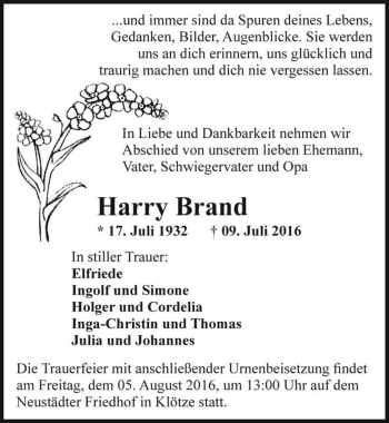Traueranzeige von Harry Brand  von Magdeburger Volksstimme