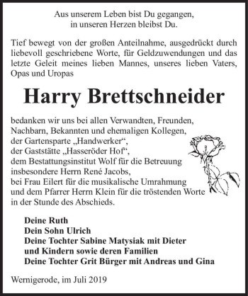 Traueranzeige von Harry Brettschneider  von Magdeburger Volksstimme