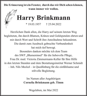 Traueranzeige von Harry Brinkmann  von Magdeburger Volksstimme