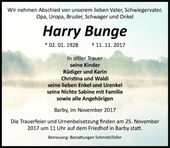 Traueranzeige von Harry Bunge  von Magdeburger Volksstimme