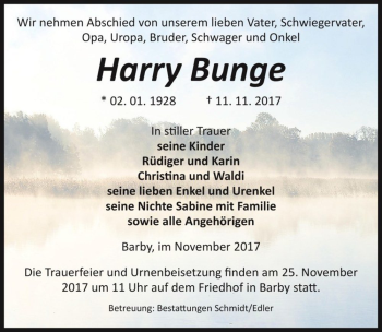Traueranzeige von Harry Bunge  von Magdeburger Volksstimme