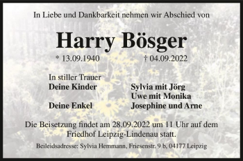 Traueranzeige von Harry Bösger  von Magdeburger Volksstimme
