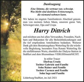 Traueranzeige von Harry Dittrich  von Magdeburger Volksstimme