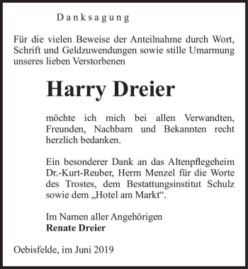 Traueranzeige von Harry Dreier  von Magdeburger Volksstimme