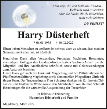 Traueranzeige von Harry Düsterheft  von Magdeburger Volksstimme