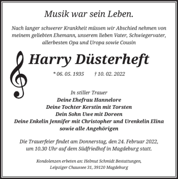 Traueranzeige von Harry Düsterheft  von Magdeburger Volksstimme