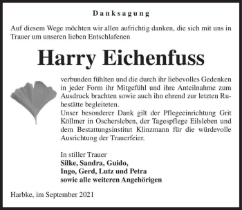 Traueranzeige von Harry Eichenfuss  von Magdeburger Volksstimme