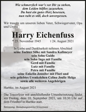 Traueranzeige von Harry Eichenfuss  von Magdeburger Volksstimme
