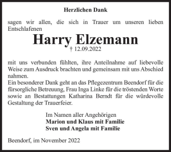 Traueranzeige von Harry Elzemann  von Magdeburger Volksstimme