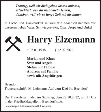 Traueranzeige von Harry Elzemann  von Magdeburger Volksstimme