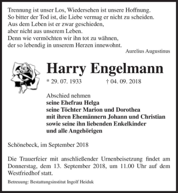 Traueranzeige von Harry Engelmann  von Magdeburger Volksstimme