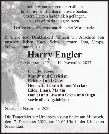 Traueranzeige von Harry Engler  von Magdeburger Volksstimme