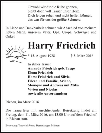 Traueranzeige von Harry Friedrich  von Magdeburger Volksstimme