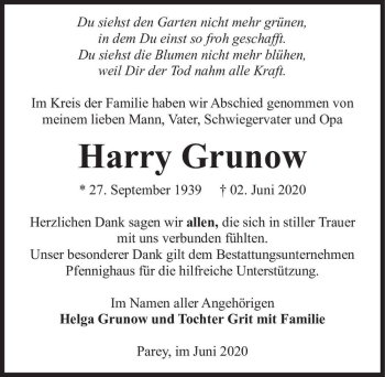 Traueranzeige von Harry Grunow  von Magdeburger Volksstimme
