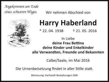 Traueranzeige von Harry Haberland  von Magdeburger Volksstimme