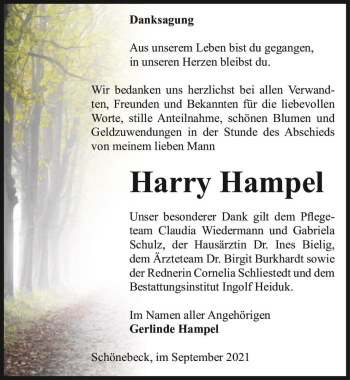 Traueranzeige von Harry Hampel  von Magdeburger Volksstimme