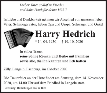 Traueranzeige von Harry Hedrich  von Magdeburger Volksstimme