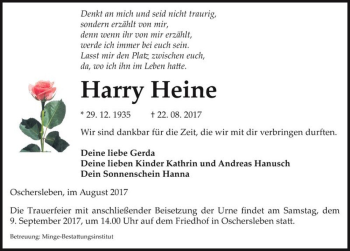 Traueranzeige von Harry Heine  von Magdeburger Volksstimme