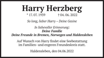 Traueranzeige von Harry Herzberg  von Magdeburger Volksstimme