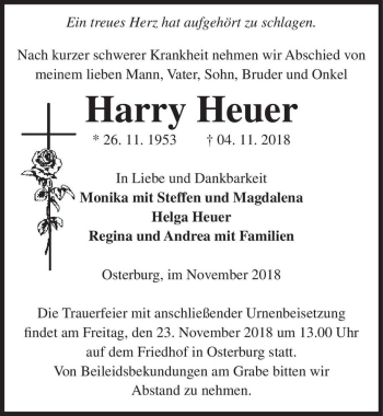 Traueranzeige von Harry Heuer  von Magdeburger Volksstimme