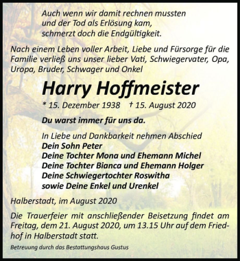 Traueranzeige von Harry Hoffmeister  von Magdeburger Volksstimme