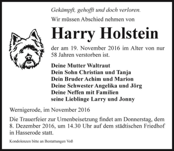 Traueranzeige von Harry Holstein  von Magdeburger Volksstimme