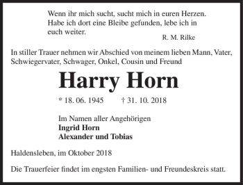 Traueranzeige von Harry Horn  von Magdeburger Volksstimme