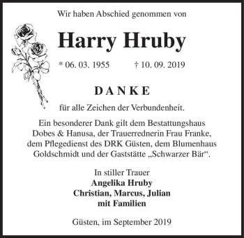 Traueranzeige von Harry Hruby  von Magdeburger Volksstimme