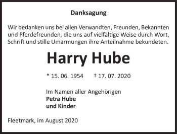 Traueranzeige von Harry Hube  von Magdeburger Volksstimme