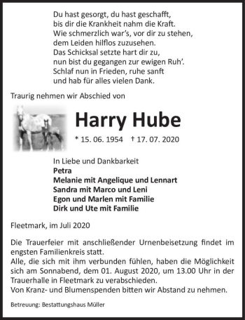 Traueranzeige von Harry Hube  von Magdeburger Volksstimme