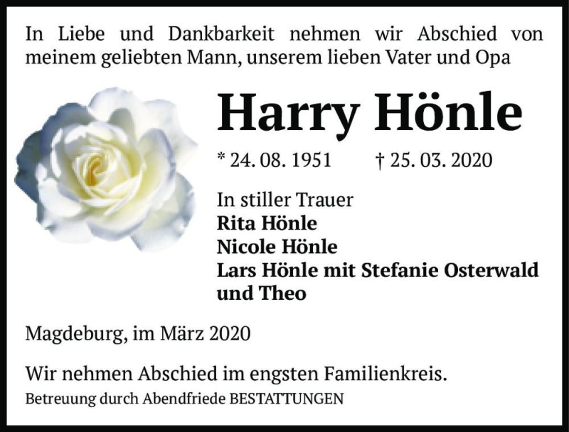  Traueranzeige für Harry Hönle  vom 31.03.2020 aus Magdeburger Volksstimme