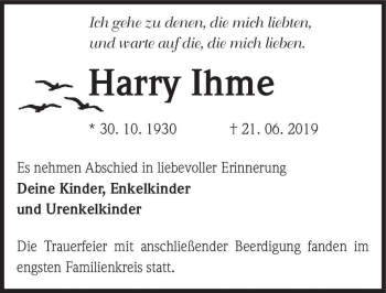 Traueranzeige von Harry Ihme  von Magdeburger Volksstimme