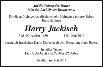 Traueranzeige von Harry Jackisch  von Magdeburger Volksstimme