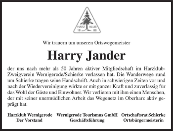 Traueranzeige von Harry Jander  von Magdeburger Volksstimme