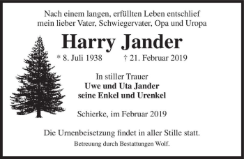 Traueranzeige von Harry Jander  von Magdeburger Volksstimme