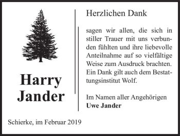 Traueranzeige von Harry Jander  von Magdeburger Volksstimme