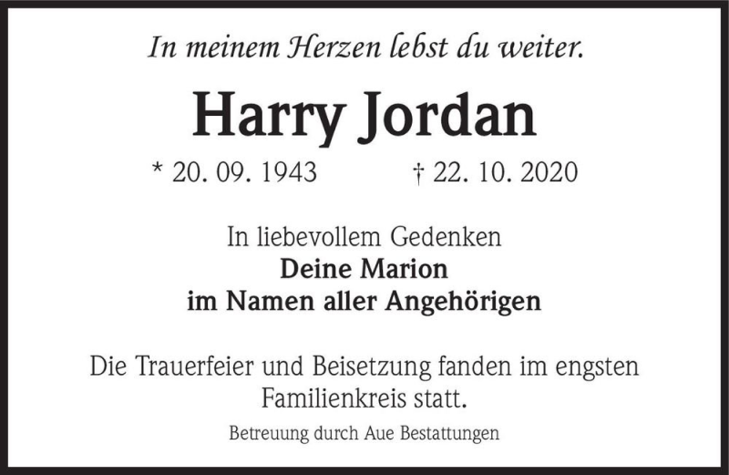  Traueranzeige für Harry Jordan  vom 24.10.2020 aus Magdeburger Volksstimme