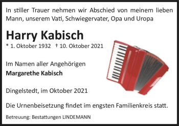 Traueranzeige von Harry Kabisch  von Magdeburger Volksstimme