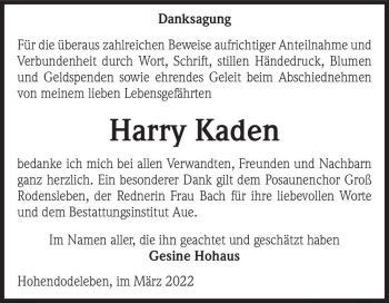 Traueranzeige von Harry Kaden  von Magdeburger Volksstimme