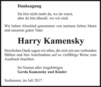Traueranzeige von Harry Kamensky  von Magdeburger Volksstimme