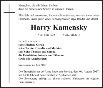 Traueranzeige von Harry Kamensky  von Magdeburger Volksstimme