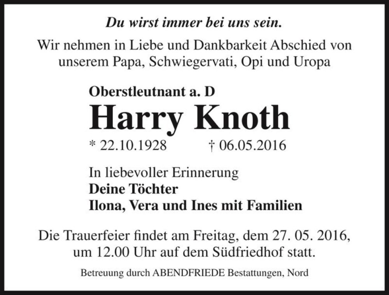  Traueranzeige für Harry Knoth  vom 14.05.2016 aus Magdeburger Volksstimme