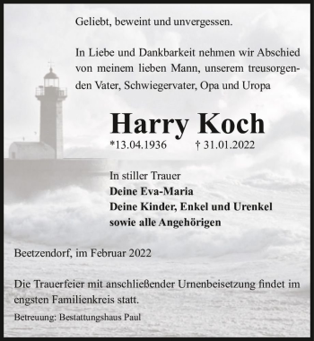 Traueranzeige von Harry Koch  von Magdeburger Volksstimme