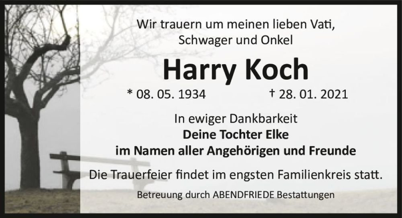  Traueranzeige für Harry Koch  vom 06.02.2021 aus Magdeburger Volksstimme