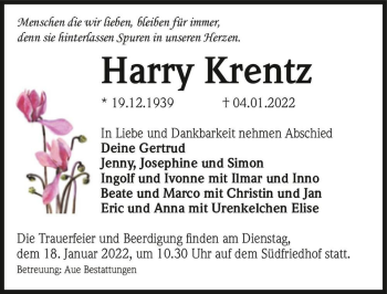 Traueranzeige von Harry Krentz  von Magdeburger Volksstimme