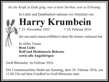 Traueranzeige von Harry Krumbein  von Magdeburger Volksstimme